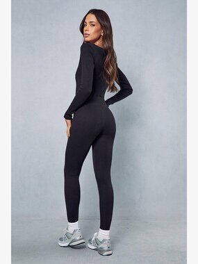Misspap Women's Black Long Sleeve Ribbed Long One-Piece Jumpsuit Size 10